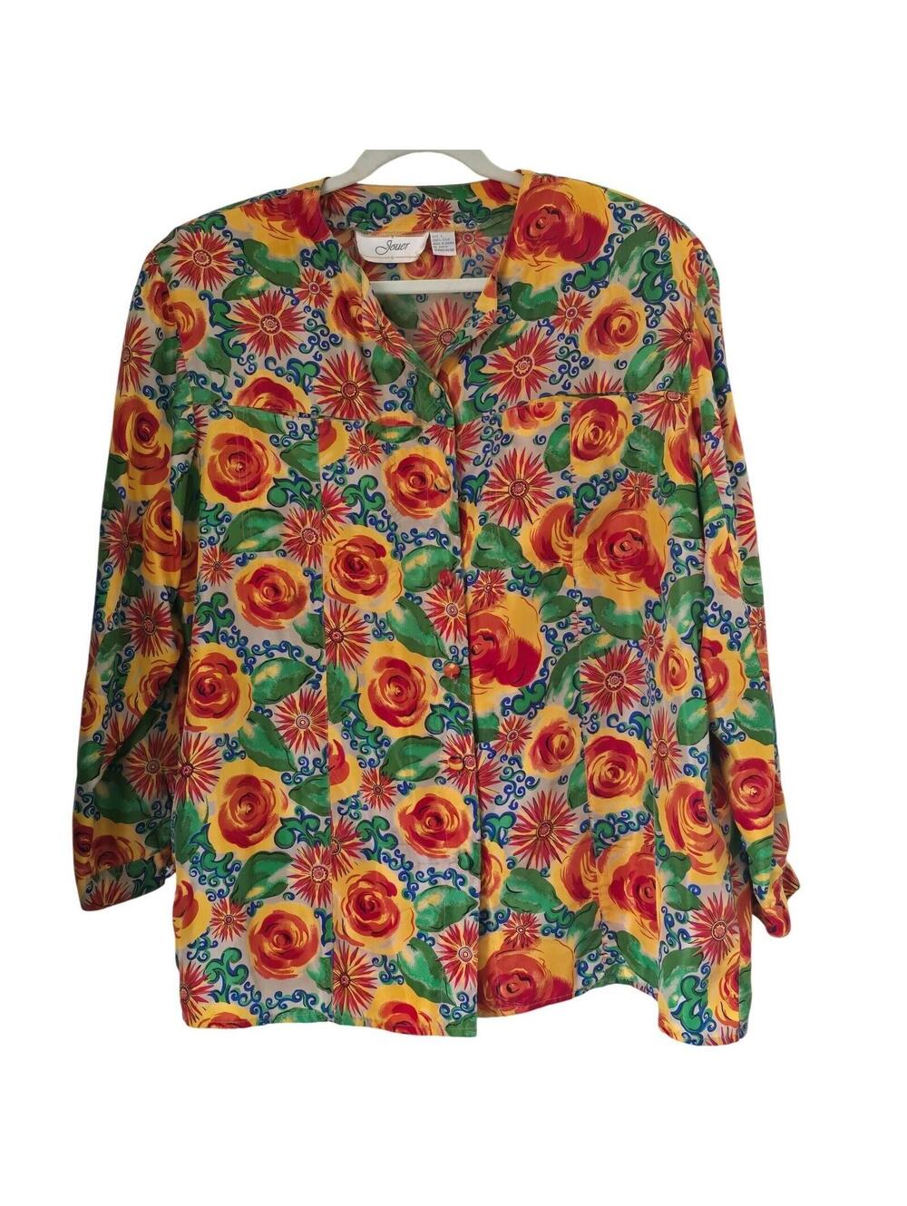 Jouer Vintage 100% Silk Pajama Set L Floral Button Top Green Pants 2 Piece Loung